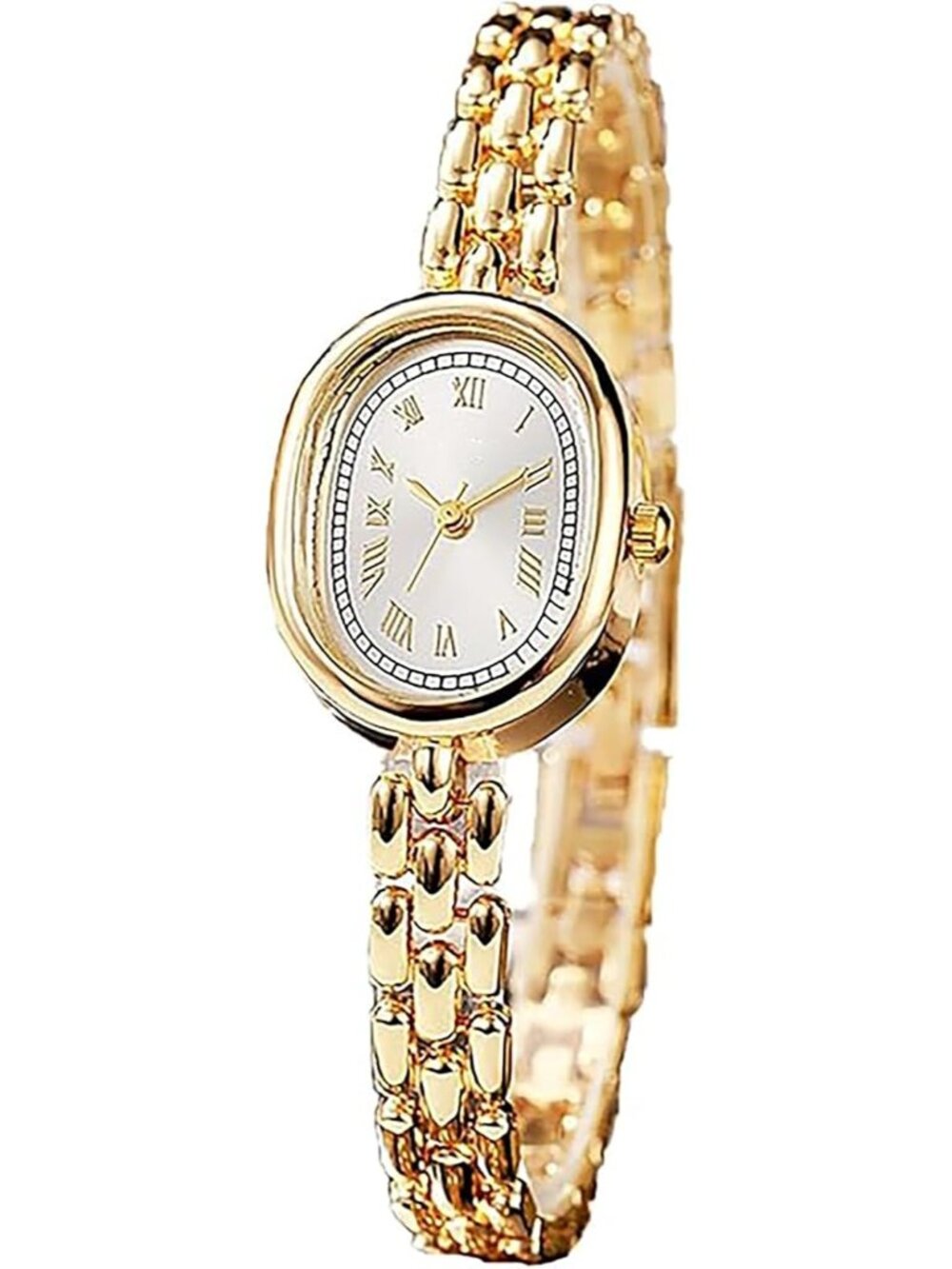 Womens Gold White Vintage Oval Elegant Bracelet Analog Dress Buckle Wristwatch